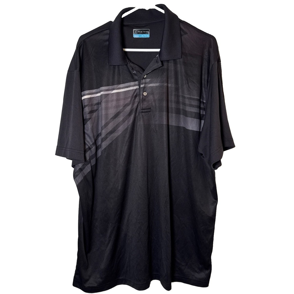 PGA Tour Mens XXL Black Gray Striped Performance Golf Polo Shirt Short Sleeve